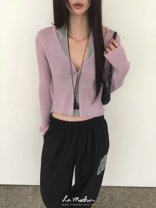 同色扣透紗坑條外套